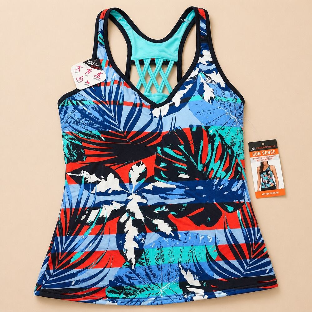 NWT ZeroXposur Action Tankini Top Tropical Print UPF 30+ Size Small
